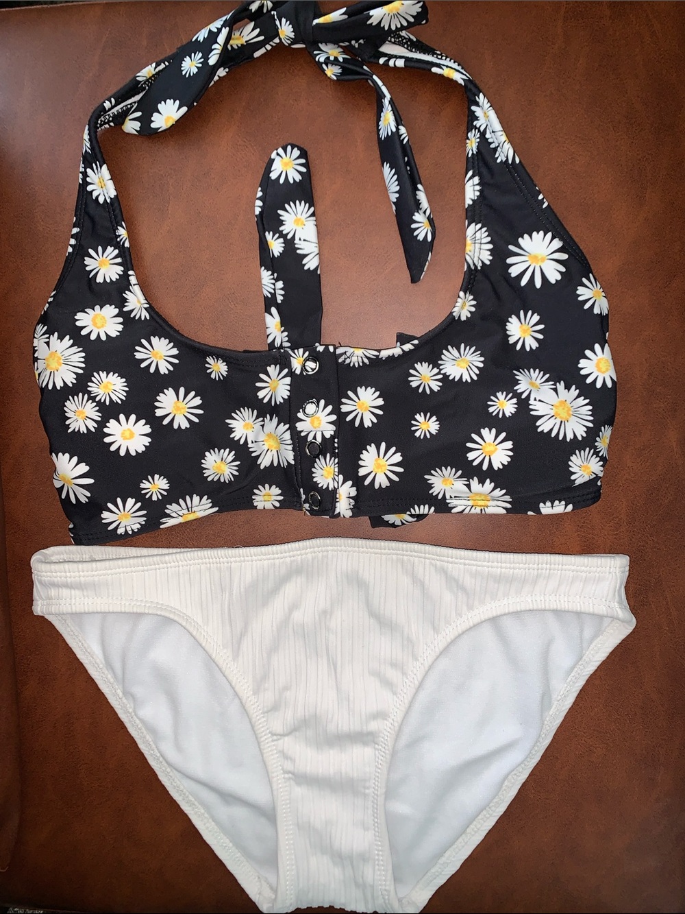 Daisy Print Halter Bikini Top with Cream Ribbed Bottom